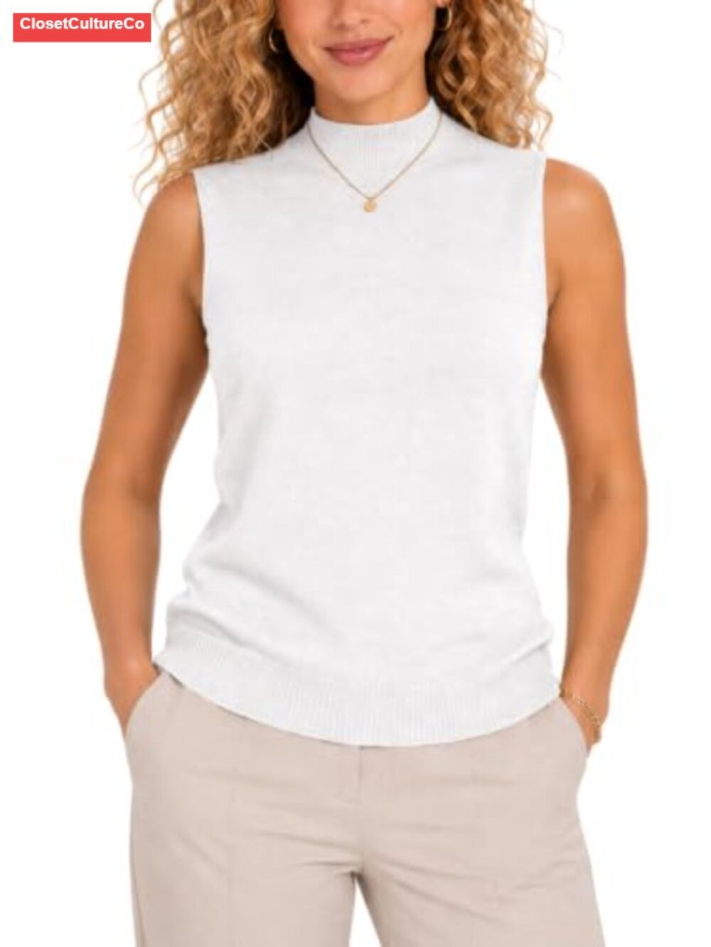 Sleeveless Mock Neck Sweater Vest Knit Business Casual Layering Top